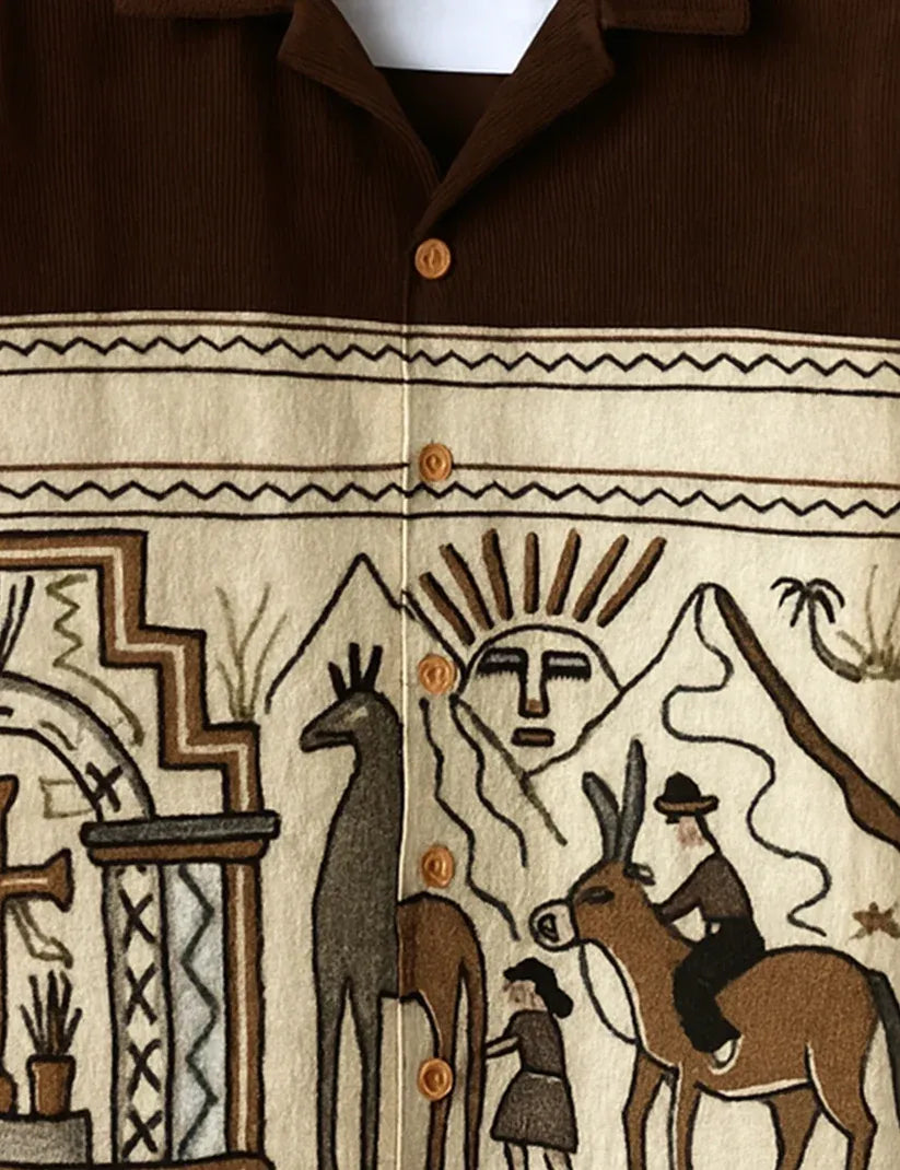 Shyirt™ Men's Premium Tribal Art Printed Mandarin Collar Shirt Brown Beige Ethnic Casual Festive Wear X-6XL