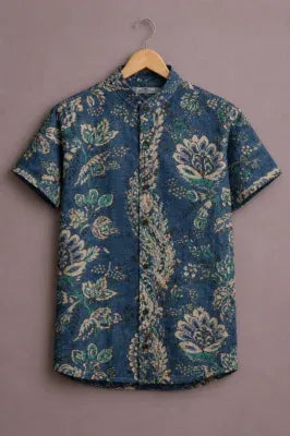 Shyirt™ Men's Premium Vintage Floral Ethnic Printed Mandarin Collar Shirt Navy Blue Casual Designer Wear X-6XLShyirt™ Men's Premium Vintage Floral Ethnic Printed Mandarin Collar Shirt Navy Blue Casual Designer Wear X-6XL