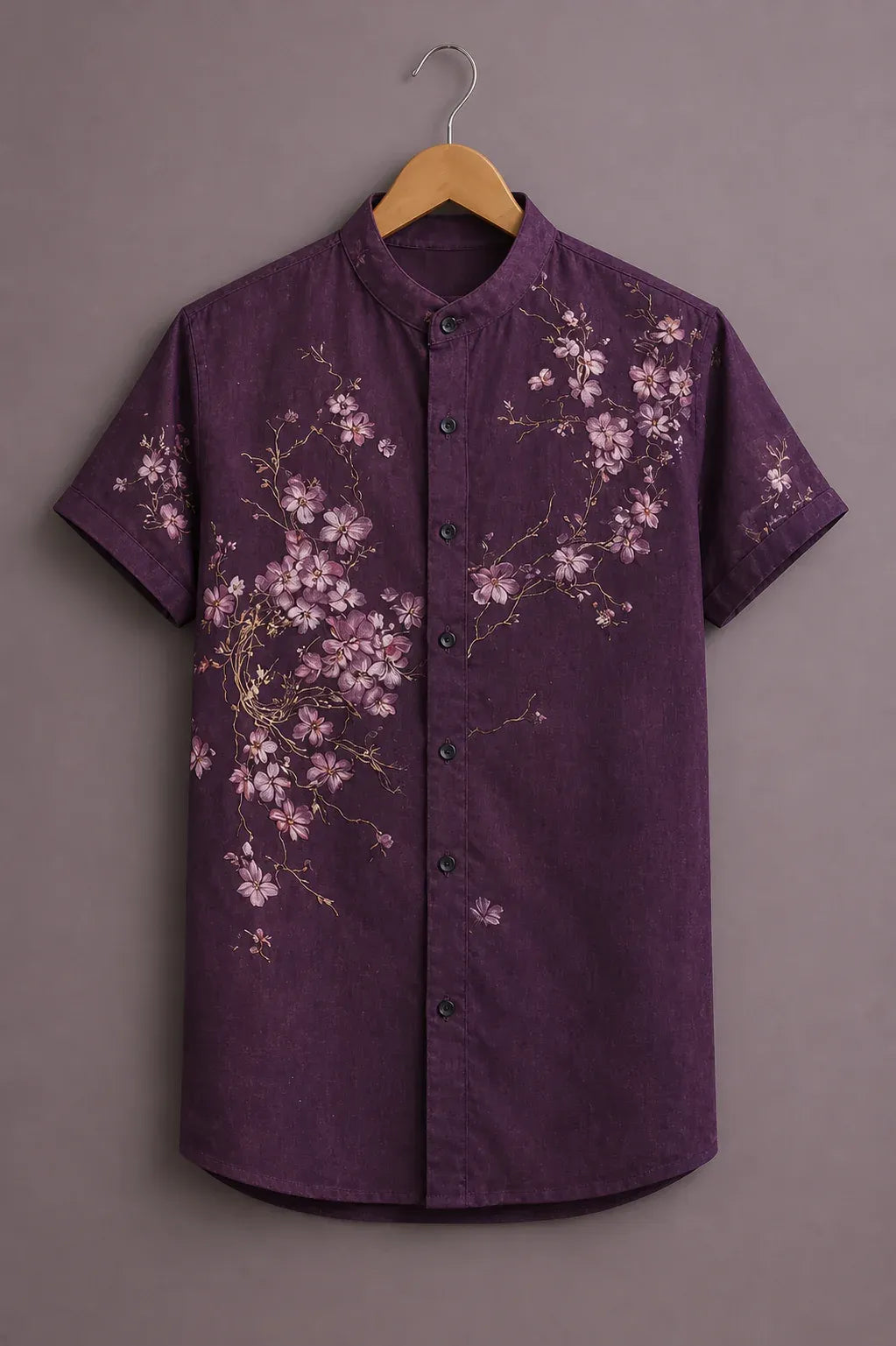 Shyirt™ Men's Premium Cherry Blossom Floral Printed Mandarin Collar Shirt Deep Purple Casual Designer Wear X-6XL
