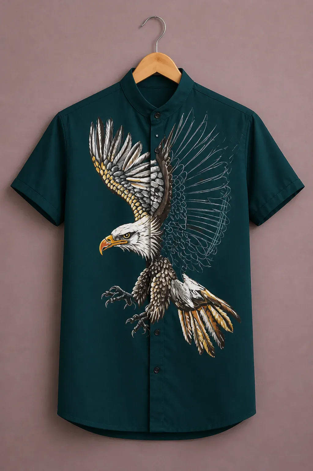 Shyirt™ Men's Premium Eagle Graphic Printed Mandarin Collar Shirt Dark Teal Casual Designer Wear X-6XL