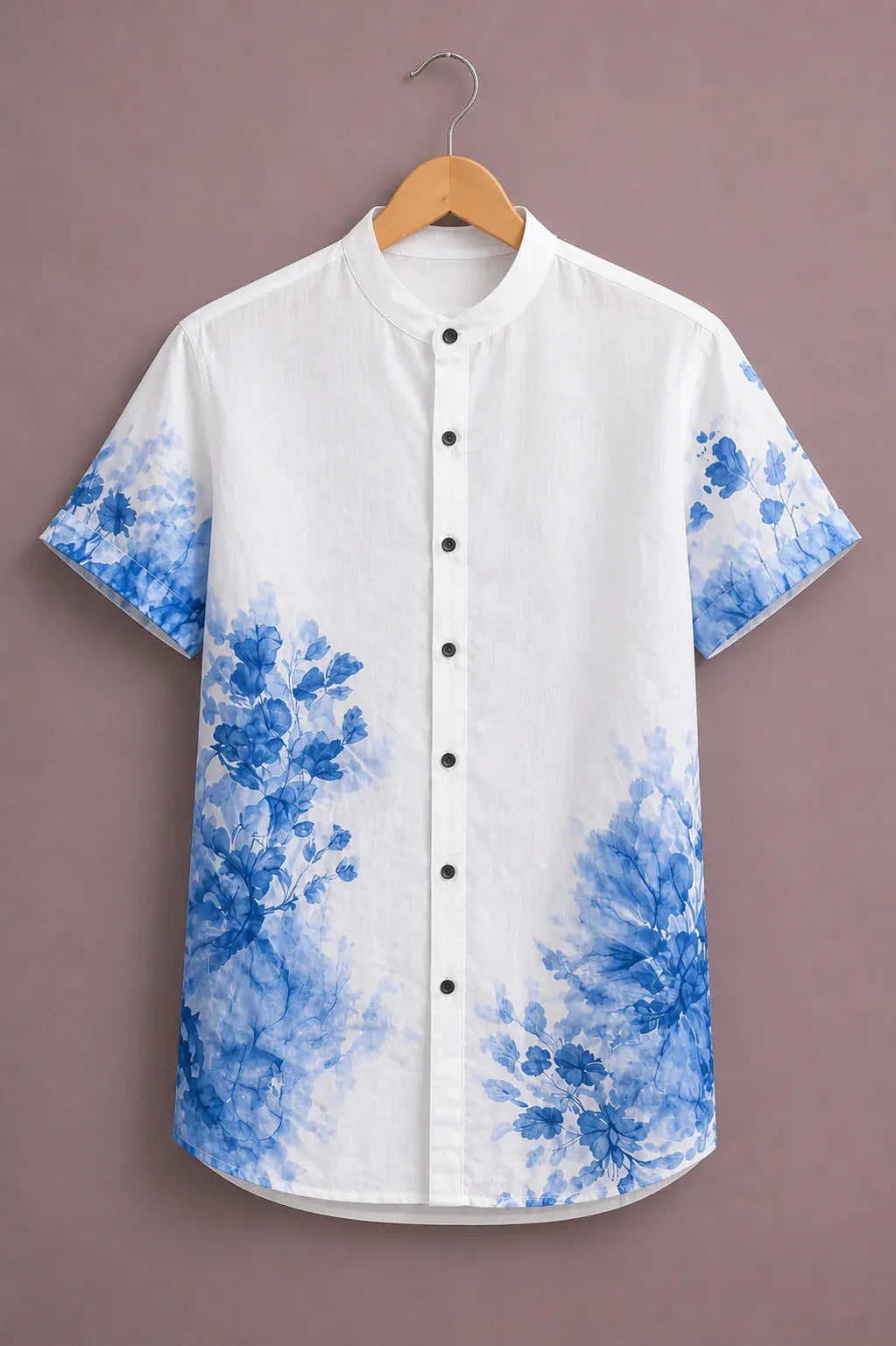 Shyirt™ Men's Premium Blue Floral Watercolor Printed Mandarin Collar Shirt White Casual Designer Wear X-6XL