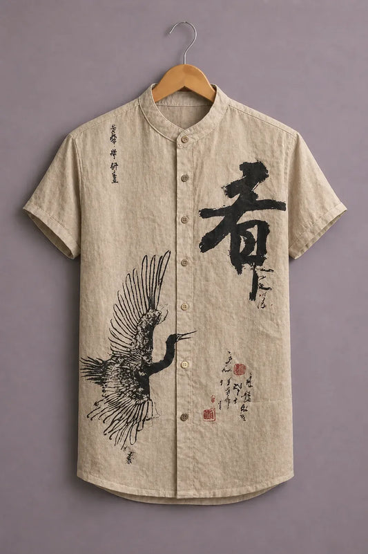 Shyirt™ Men's Premium Japanese Crane Art Printed Mandarin Collar Shirt Beige Casual Designer Wear X-6XL