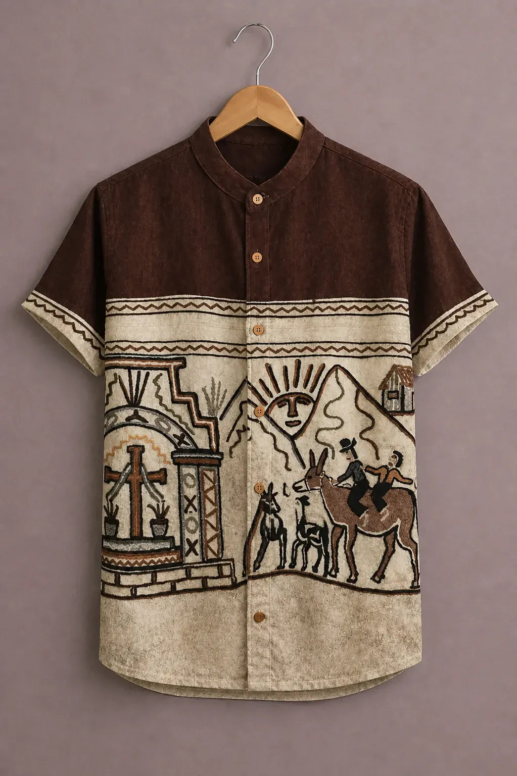Shyirt™ Men's Premium Tribal Art Printed Mandarin Collar Shirt Brown Beige Ethnic Casual Festive Wear X-6XL