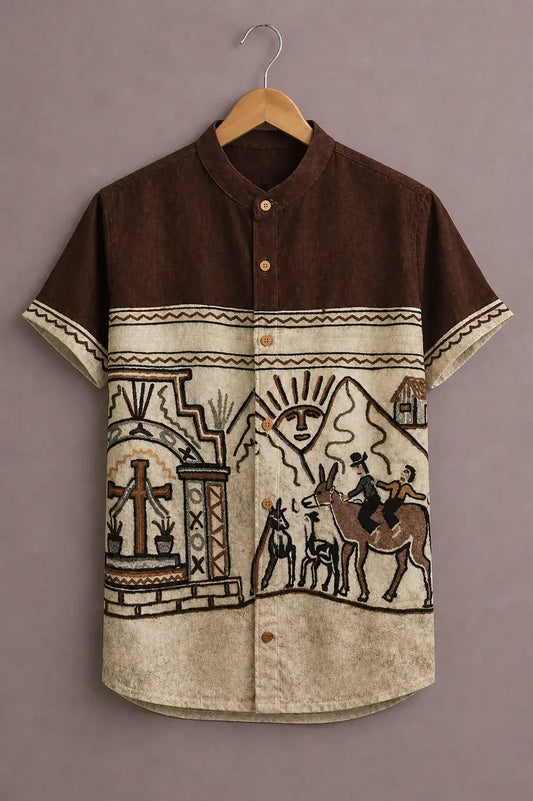 Shyirt™ Men's Premium Tribal Art Printed Mandarin Collar Shirt Brown Beige Ethnic Casual Festive Wear X-6XL