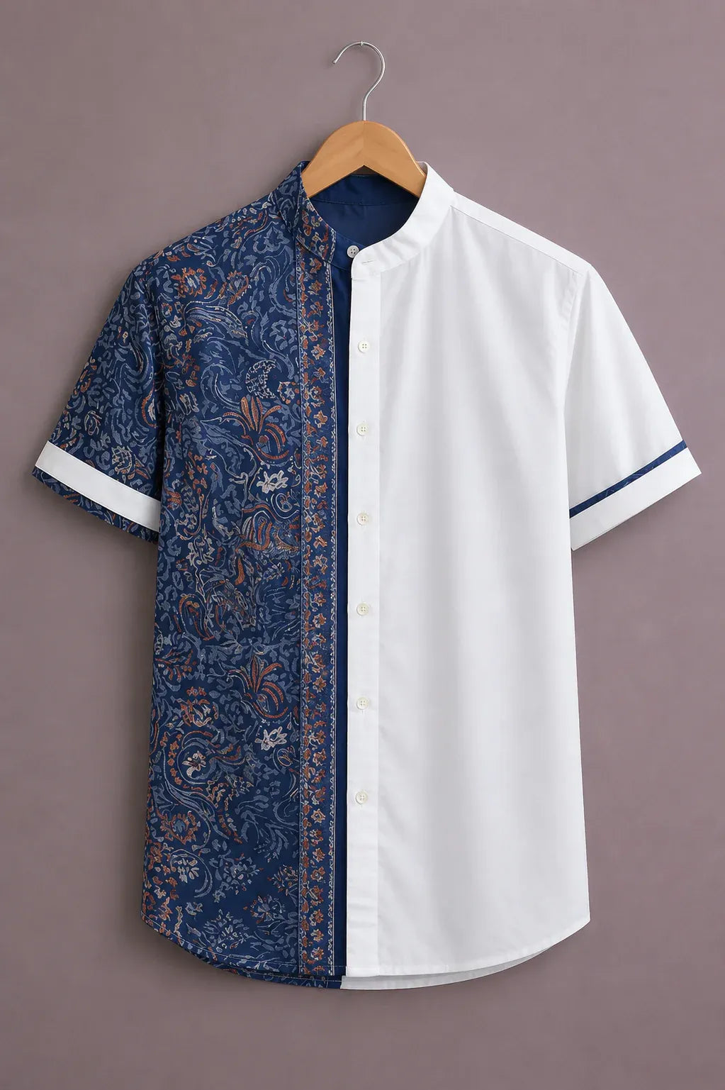 Shyirt™ Men's Premium Half Paisley Printed Color Block Mandarin Collar Shirt Navy Blue White Casual Designer Wear X-6XL