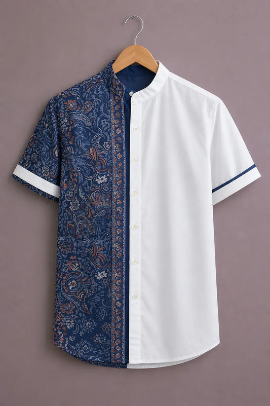 Shyirt™ Men's Premium Half Paisley Printed Color Block Mandarin Collar Shirt Navy Blue White Casual Designer Wear X-6XL