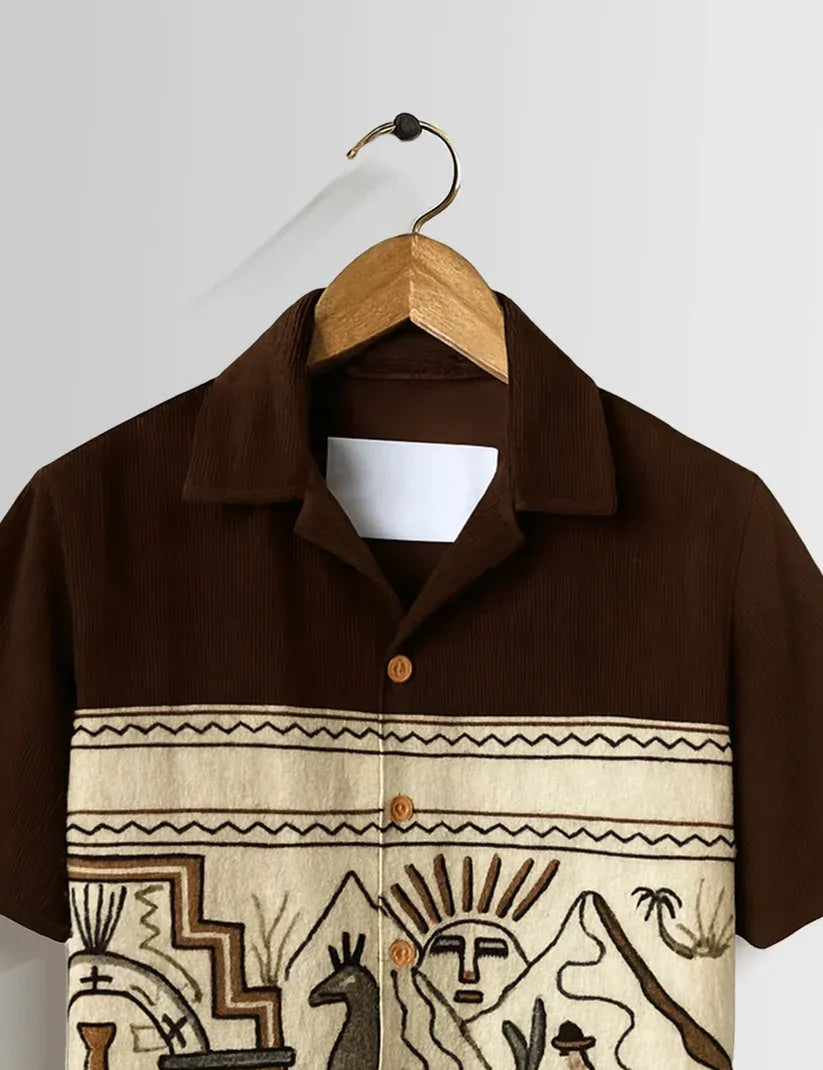 Shyirt™ Men's Premium Tribal Art Printed Mandarin Collar Shirt Brown Beige Ethnic Casual Festive Wear X-6XL