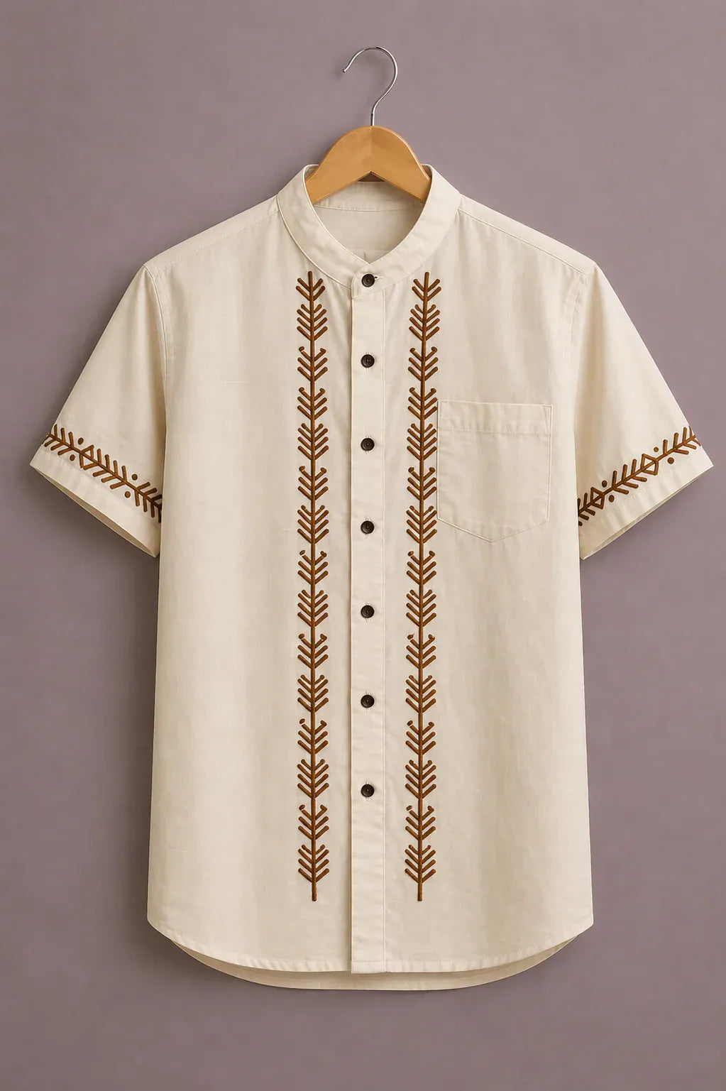 Shyirt™ Men's Premium Ethnic Embroidered Mandarin Collar Shirt Cream Beige Short Sleeve Casual Festive Wear X-6XL