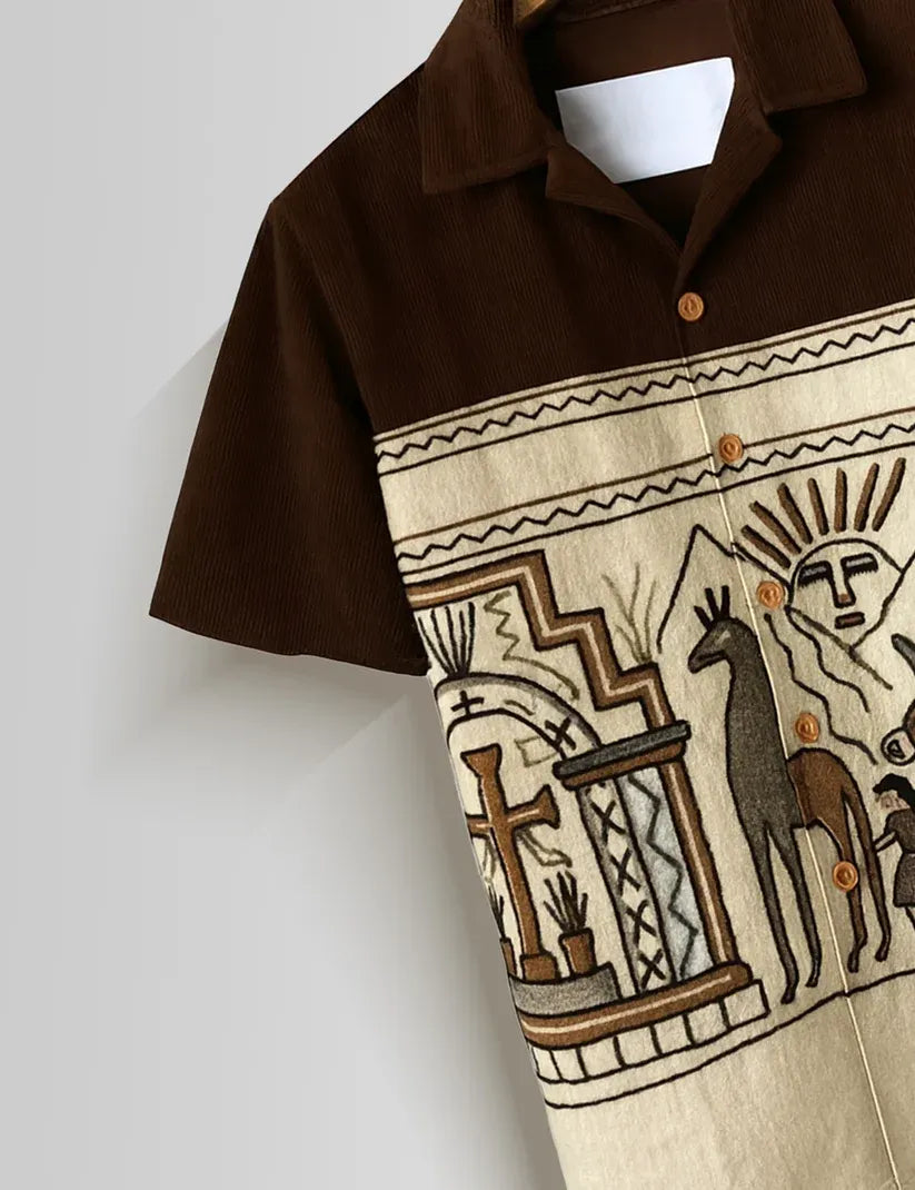 Shyirt™ Men's Premium Tribal Art Printed Mandarin Collar Shirt Brown Beige Ethnic Casual Festive Wear X-6XL