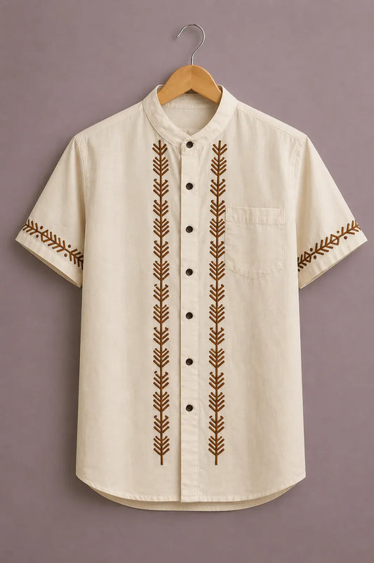 Shyirt™ Men's Premium Ethnic Embroidered Mandarin Collar Shirt Cream Beige Short Sleeve Casual Festive Wear X-6XL